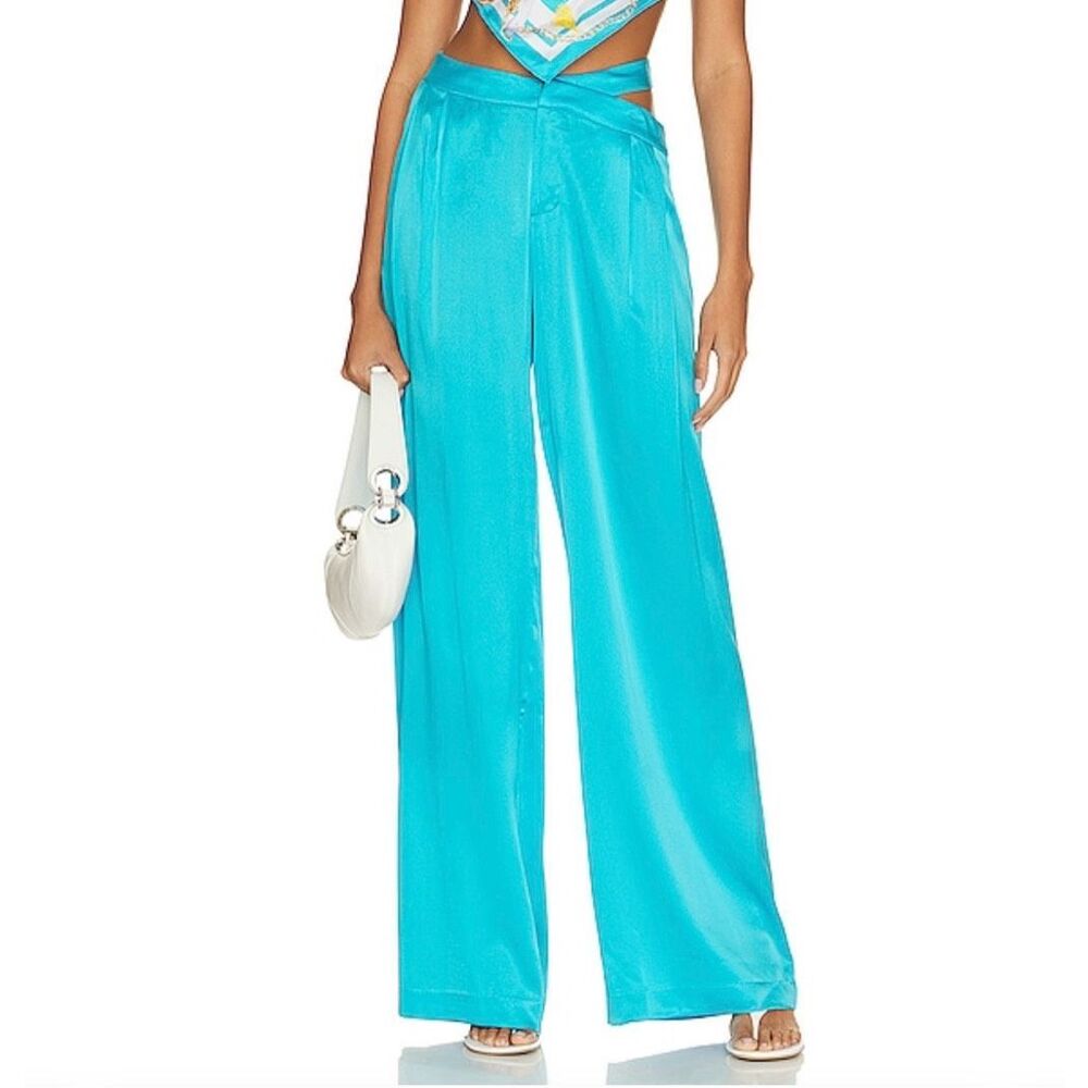 NWT Ser.o.ya Retrofete Zarri Cutout Turquoise Blue Silk Wide Leg Pants Size L
